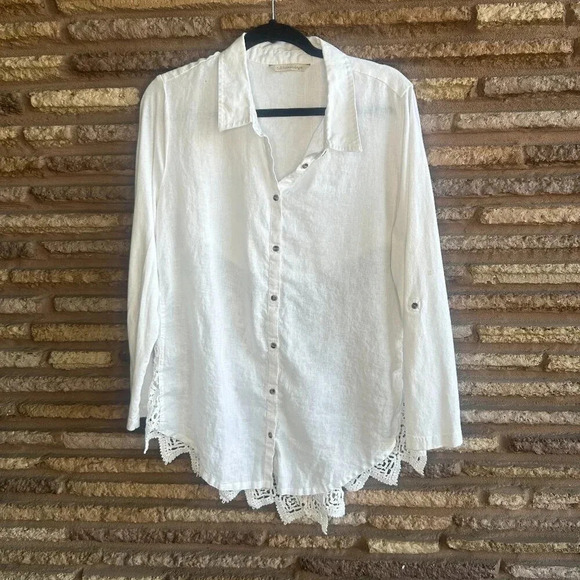 Soft Surroundings White Linen  Tunic With Lace Back Detail Sleeve Tabs - Picture 1 of 10